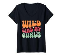 Donna Wild Like My Curls Carino capelli ricci divertente Maglietta con Collo a V