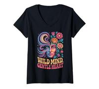 Donna Wild Mind Gentle Heart Psichedelico Face Flowers Maglietta con Collo a V