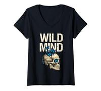 Donna Wild Mind Vintage Grunge Skull Farfalle Goth Estetica Maglietta con Collo a V