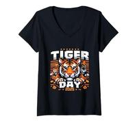 Donna Wild Roar Emblema Tiger Day Maglietta con Collo a V