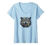 Donna Wild Wolf Grafitti Style Wilderness Wolves Predator Maglietta con Collo a V