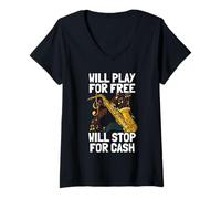 Donna Will Play for Free Sassofono Giocatore Maglietta con Collo a V