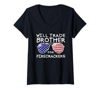 Donna Will Trade Brother For Fireworks Funny Kids 4 luglio Maglietta con Collo a V