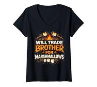 Donna Will Trade Brother for Marshmallows Camp Fire Funny Maglietta con Collo a V