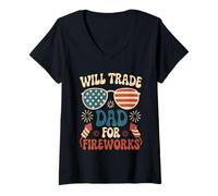 Donna Will Trade Dad For Fireworks Patriotic Groovy 4 di luglio bambini Maglietta con Collo a V