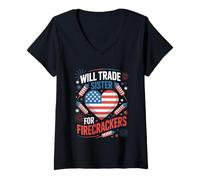 Donna Will Trade Sister For Firecrackers Funny 4th Of July Boys Maglietta con Collo a V