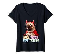 Donna Will Trick for Treats., Divertente Pug Dog Halloween Devil Costum Maglietta con Collo a V