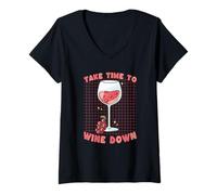 Donna Wine Down Relaxation Citazione Retro Grid Art Maglietta con Collo a V