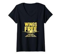 Donna Wings Free Airplane Fly Aviazione Aereo Appassionato Maglietta con Collo a V