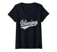 Donna Winnipeg Canada Bandiera Sports Baseball Script Maglia Swoosh Maglietta con Collo a V