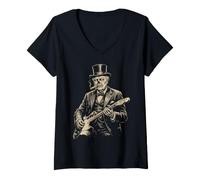 Donna Winston Churchill Zombie Suonare la Chitarra Inglese Britannico Maglietta con Collo a V