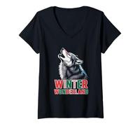 Donna Winter Wonderland Howling Wolf Vacanze di Natale Maglietta con Collo a V