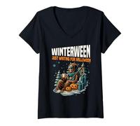 Donna Winterween Just Waiting for Halloween Natale Divertente Maglietta con Collo a V