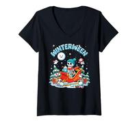 Donna Winterween - Slitta Invernale per Halloween, Natale Maglietta con Collo a V