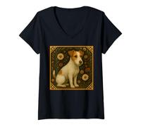 Donna Wire Jack Russell Cucciolo in un giardino Maglietta con Collo a V
