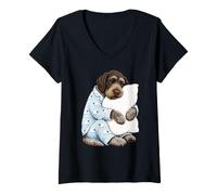 Donna Wirehaired Che Indica Grifone Che Dorme in Pigiama Carino Sonno Maglietta con Collo a V