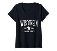 Donna Wisconsin Badger State EST. 1848 - Souvenir con Mappa statale Maglietta con Collo a V