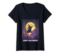 Donna Witch Cat Playing Guitar Cat Halloween Cat Kitten Lover Kids Maglietta con Collo a V