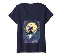 Donna Witch Cat Playing Guitar Cat Halloween Cat Kitten Lover Kids Maglietta con Collo a V