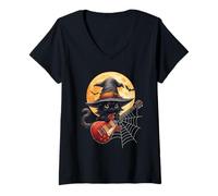 Donna Witch Cat Playing Guitar Cat Halloween Cat Kitten Lover Kids Maglietta con Collo a V