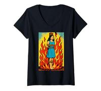 Donna Witch Lighting Cigarette with Flames Occult Unholy Funny Maglietta con Collo a V