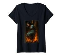 Donna Witch Lighting Cigarette with Flames Occult Unholy Funny Maglietta con Collo a V