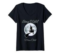 Donna Witch on a Broom Maglietta con Collo a V
