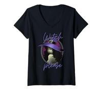 Donna Witch Please Halloween - Divertente Gioco di Parole Grafico Spooky Wiccan Maglietta con Collo a V