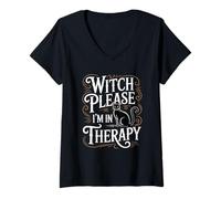Donna Witch Please I'm in Therapy - Gatto Nero Divertente per Halloween Maglietta con Collo a V