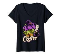 Donna Witch Way To The Coffee Funny Witchy Halloween Tipografia Maglietta con Collo a V