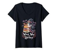 Donna Witch Way to The Library Halloween Bibliotecario Bookworm Maglietta con Collo a V
