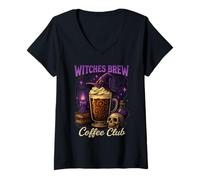Donna Witches Brew Coffee Club - Cappello da Strega per Halloween, Motivo: Latte Maglietta con Collo a V