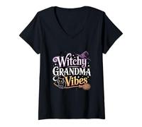 Donna Witchy Grandma Vibes - Scopa con gatto e luna crescente Maglietta con Collo a V