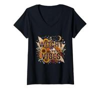 Donna Witchy Vibes Celeste Girasole Teschio Bohemian Halloween Maglietta con Collo a V