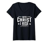 Donna with Christ I Rise Bibbia Versetto Filippesi 4:13 Cristiano Maglietta con Collo a V