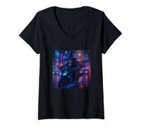 Donna Wizard Cyberpunk Rider Motociclista Synthwave Maglietta con Collo a V