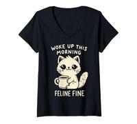 Donna Woke Up This Morning Feline Fine. Design Divertente con Gatto caffè Maglietta con Collo a V