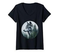 Donna Wolf Forest Nature Fusion Misty Woods Majestic Animal Wild Maglietta con Collo a V