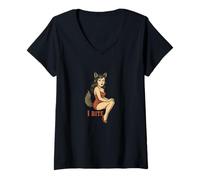Donna Wolf Girl Pinup Retro I Bite Fursona Fursona Fantasy Art Maglietta con Collo a V