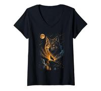 Donna Wolf Howling at Moon Retro 90s Maglietta con Collo a V