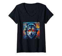 Donna Wolf - Occhiali da sole colorati per DJ Maglietta con Collo a V