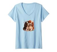 Donna Womens 2 Puppies Two Tricolor Cavalier King Charles Spaniel Maglietta con Collo a V