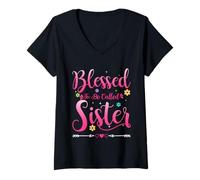 Donna Womens Blessed To Be Called Sister Heart Mother's Day Sister Maglietta con Collo a V