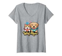 Donna WOOF n Meow - Simpatici Amici di Cani e Gatti Maglietta con Collo a V