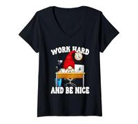 Donna Work Hard And Be Nice GNOME for Women Funny Office Humor Maglietta con Collo a V