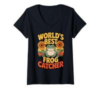 Donna World's Best Frog Catcher Funny Frog Girasoli Maglietta con Collo a V