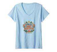 Donna World's Best Sister Floral Badge Tipografia Maglietta con Collo a V
