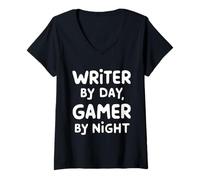 Donna Writer by Day Gamer by Night Maglietta con Collo a V