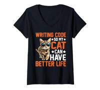 Donna Writing Code So My Cat Can Have Better Life - Maglietta con Collo a V