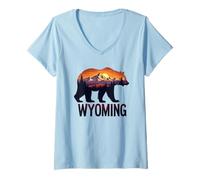 Donna Wyoming Orso e Montagna Tramonto Grafica Maglietta con Collo a V